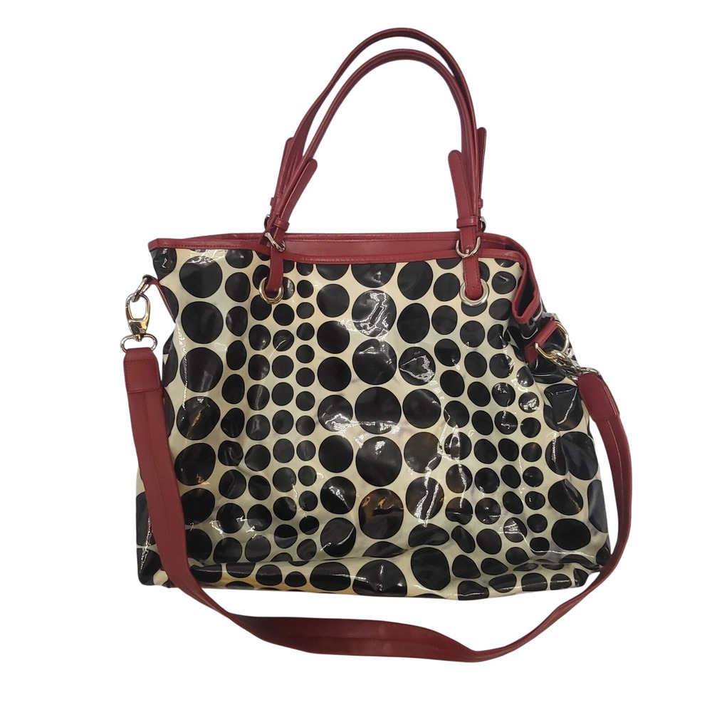 Kate Landry Polka Dot Tote Bag Red Trim Patent Black Cream Crossbody Strap